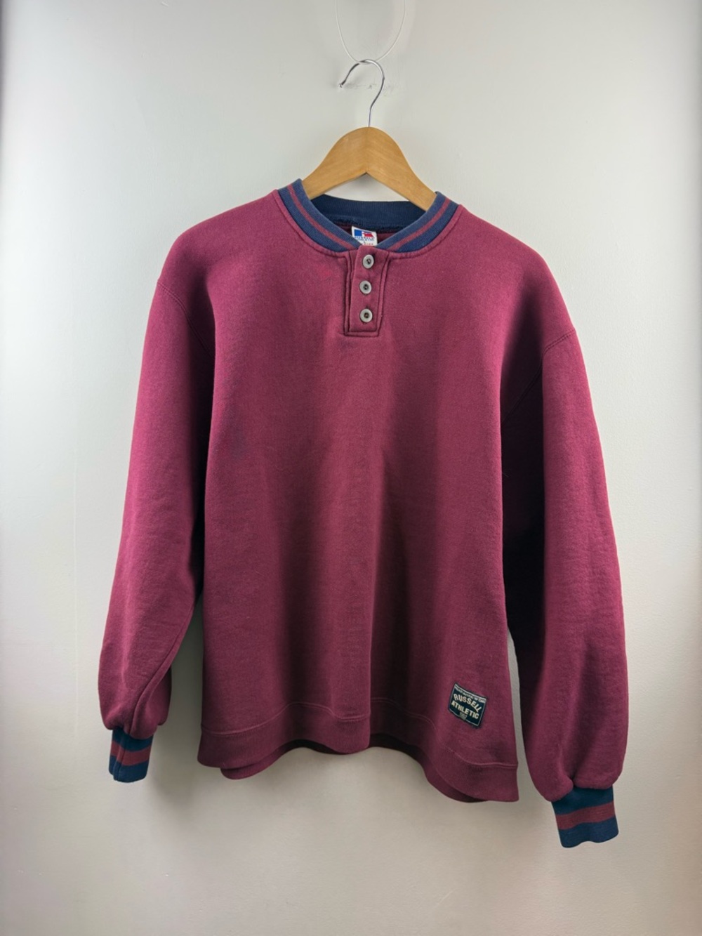 Vintage 90s Russell Athletic Henley Sweatshirt Maroon Made in USA Large